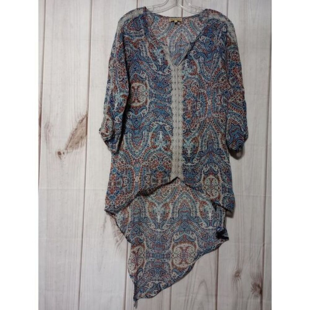 Paisley Print Kimono Top Blue Brown Boho Chic High Low Flowy Blouse‎